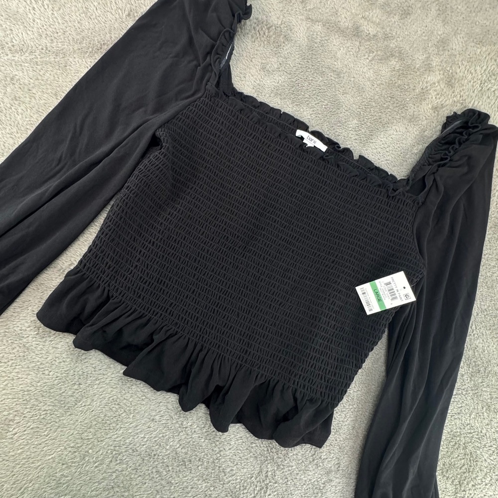 Pretty In Paint‎ Black Smocked Square Neck Ruffle Peplum Long Sleeve Top Large